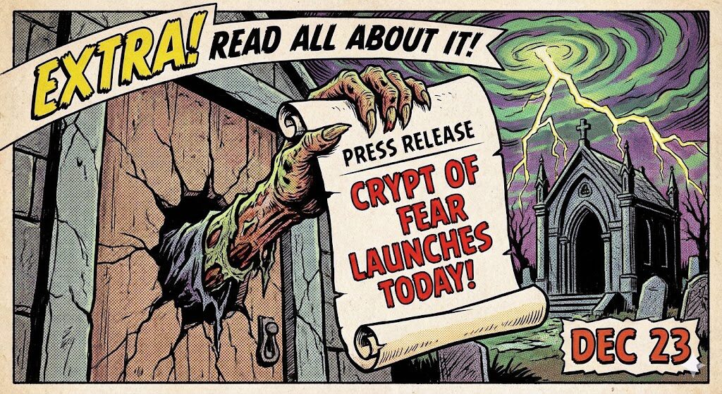 Vintage 1950s horror comic illustration announcing the Crypt of Fear website launch. A rotting zombie hand bursts through a wooden door holding a scroll that reads 'PRESS RELEASE: CRYPT OF FEAR LAUNCHES TODAY!' A banner above says 'EXTRA! READ ALL ABOUT IT!' with a date stamp of 'DECEMBER 23rd' and a gothic mausoleum in the background.